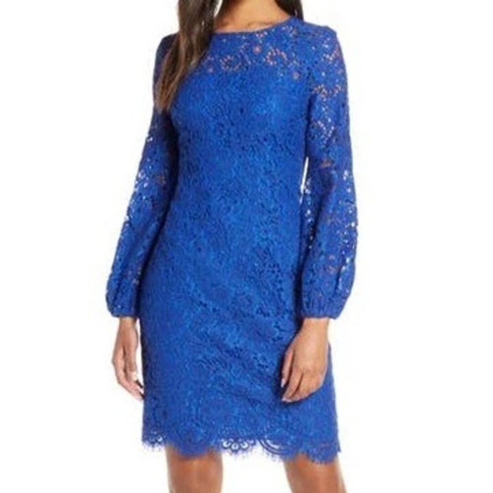 ELIZA J Womens 6 Long Sleeve Lace Sheath Dress In Cobalt Blue Cocktail Event